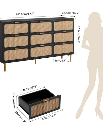Garvee Rattan Dresser with 9 Drawers, Tall Modern Closet with Deep Storage, Large Chest of Drawers with Wide Top, Long Wooden Dresser for Bedroom, Living Room, Hallway, Kids Room, Black
