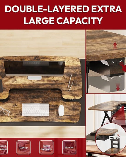 SANODESK Standing Desk Converter with Electric Motor 42" Height Adjustable Riser for Office Home,Dual Monitor and Laptop Workstation with Large Keyboard Tray, Rustic Color