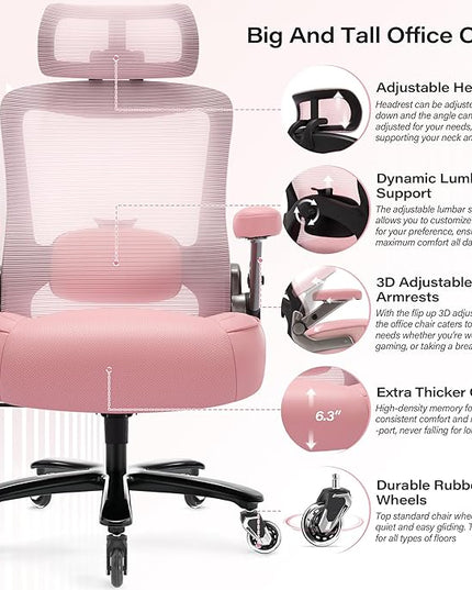 600lbs Big and Tall Office Chair- Heavy Duty Executive Computer Chair with 3D Flip Arms Large Wheels, Ergonomic Mesh High Back Desk Chair, Extra Wide Seat Adjustable Lumbar Support&Headrest