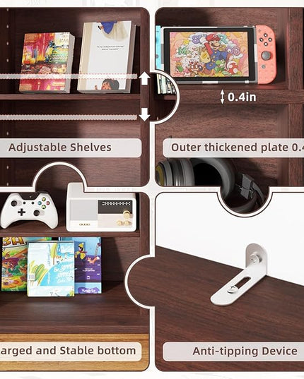 LELELINKY 8 Tier Tall Display Cabinet, Walnut Media Storage Cabinet with Adjustable Shelves, Free Standing DVD Organizer Shelf, Floor Multimedia Storage Manga Bookshelf for Living Room & Home Office.