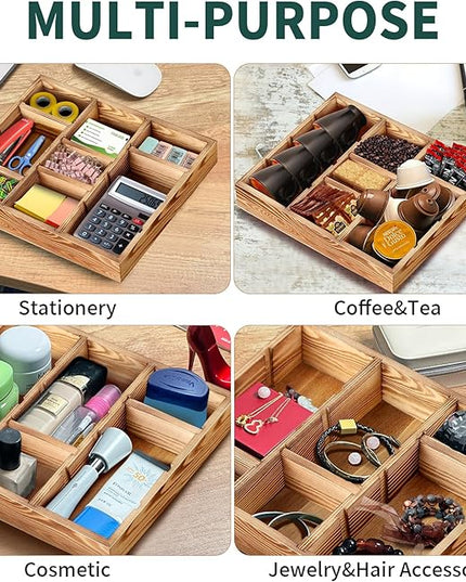 TEESSFROOD Desk Drawer Organizer Tray with 9 Adjustable Compartments, Wooden Office Desk Accessories Supplies Organization Storage for Desktop Bathroom Vanity Makeup 12" x 9" (Brown)
