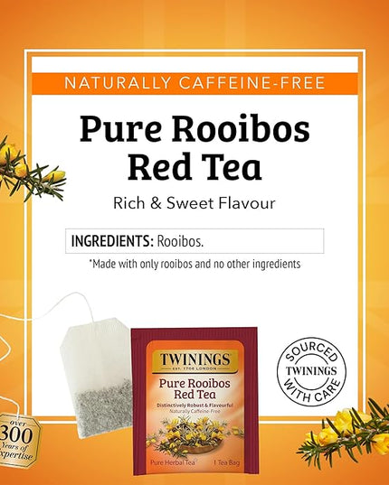 Twinings Pure Rooibos Red Herbal Tea Individually Wrapped Bags, 20 Count (Pack of 1), Sweet with Uplifting Aroma, Naturally Caffeine-Free, Enjoy Hot or Iced, 20 Teabags
