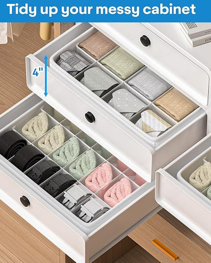 Classical Leather Sock Underwear Drawer Organizer clothes, Closet Dividers，64 Cell (16+24+24) Foldable Leather Storage Box for Panties, Ties, Accessories（3 Pack）