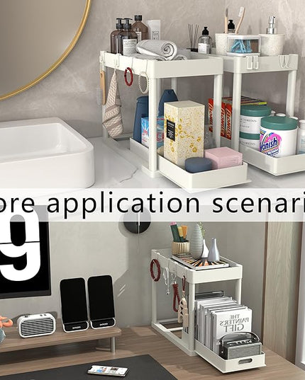 2PC Under Sink Organizer Rack 2 Tier Under Sliding Cabinet Basket Organizer Drawer with 4 Hooks, Multi-purpose Under Sink Storage for Bathroom Kitchen Desktop（White）
