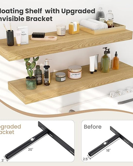 Heimlove 12" Deep Floating Shelves, 36 x 12 Inch Wall Mounted Long Floating Shelf with Invisible Brackets, for Home Decor, Bedroom, Kitchen, Living Room, Bathroom - 2 Pack, Oak