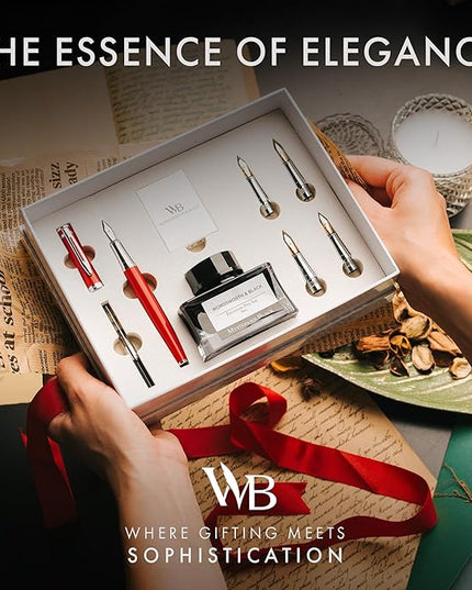 Wordsworth & Black Fountain Pen Gift Set, Includes Bottle, 6 Cartridges Refill Converter, 4 Replacement Nibs, Premium Package, Journaling, Calligraphy, Smooth Writing Pens [Red Chrome]