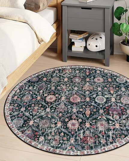 Lahome Moroccan Trellis Round Area Rugs, Washable Small Round Rug 3ft Non-Slip, Soft Vintage Ultra-Thin Circle Carpet for Bedroom Entryway Kitchen Laundry Bathroom, Black/Multi