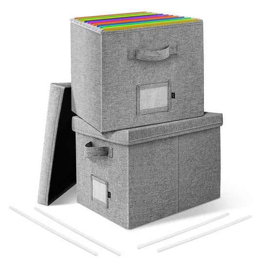Onylin File Organizer Boxes with Lid, Linen Hanging File Storage Boxes with Handle, Collapsible Document Filling Boxes for Letter/Legal Folder, Portable File Box for Office/Decor/Home (2 Pack, Gery)