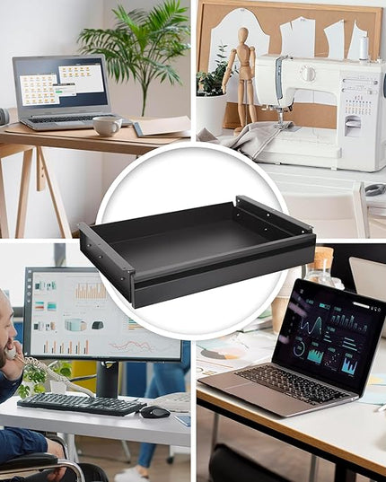 POPMOON Under Desk Drawer For Desk 13.8 * 8.8 * 3.5 in, Pull out Storage Organizer with Slide Extension Mounted Under Flat Wooden Table or Workbench, Carbon Steel Hidden Desk Drawer
