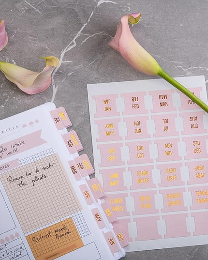 DiverseBee Gold Foil Planner 24 Peel and Stick Laminated Tabs for Notebooks, Calendar Tab Stickers and Monthly Dividers (Seasalt)