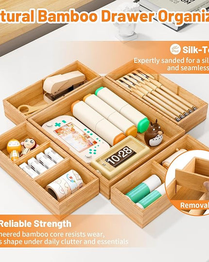 SpaceWhisper Bamboo Drawer Organizer, 5-Piece Drawer Divider with Removable Dividers for Organization and Storage, Multi-Use Stackable Storage Box & Utensil Holder for Kitchen, Office, Makeup & More