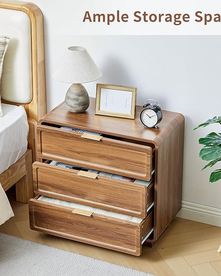 Turtle&Myrtle Modern 3 Drawer Dressers for Bedroom, 26'' Wide Wood Nightstand w/3 Storage Drawers, End Table, Dresser & Chest of Drawers with Curved Profile for Living Room Entryway, Brown