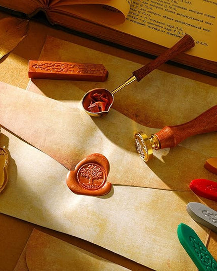 33 Pieces Vintage Paper and Envelopes Set, Including 12 Writing Stationery Paper Letter 12 Envelopes Sealing 6 Wax Sticks Seal Stamp Tea Candles and Wax Spoon for Stamp
