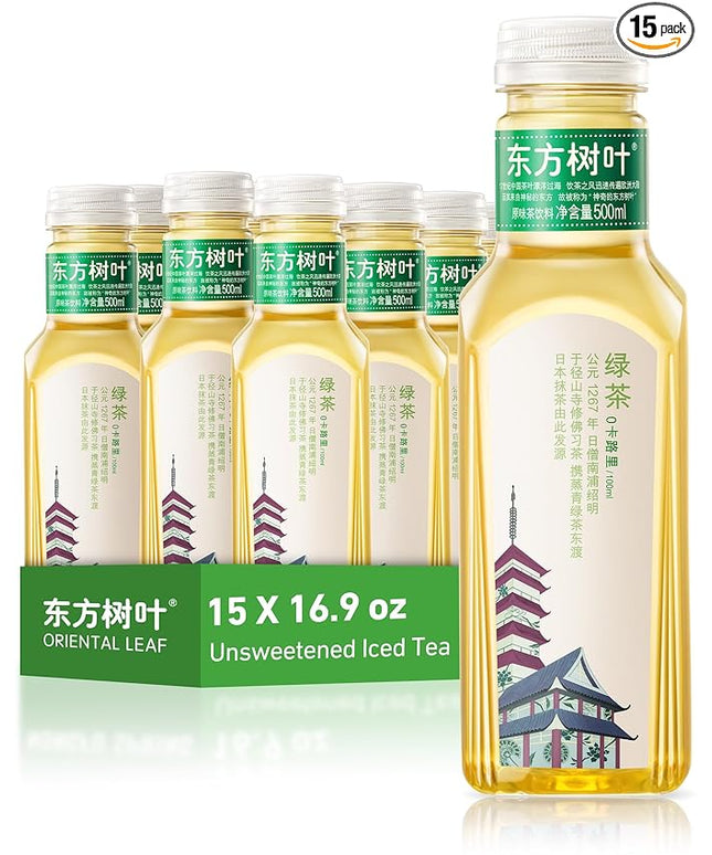 ORIENTAL LEAF Unsweetened Iced Tea – Bottled Green Tea, 16.9 FL oz bottles (Pack of 15), Brewed Tea Drinks, Sugar Free, 0 Calories
