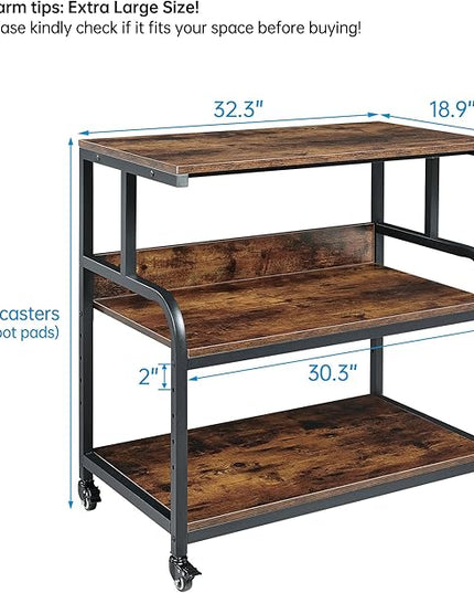 32.3" Wide Extra Large Printer Stand, 3 Tier Printer Table with Adjustable Storage Shelf, Rolling Printer Cart with Industrial Wheels for Home Office, Rustic Brown