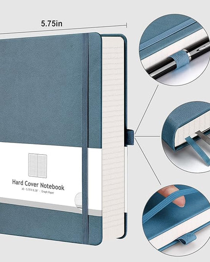 AHGXG Graph Paper Notebook - 320 Pages Grid Notebook Thick Journal A5, 100gsm Thick Graph Paper, Leather Hardcover, Inner Pocket,5.75'' × 8.38''- GrayBlue