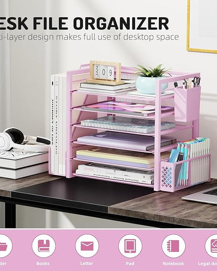 Simple Trending 6 Tier Desk File Organizer, Paper Letter Tray Organizer with File Holder and Pen Container, Pink