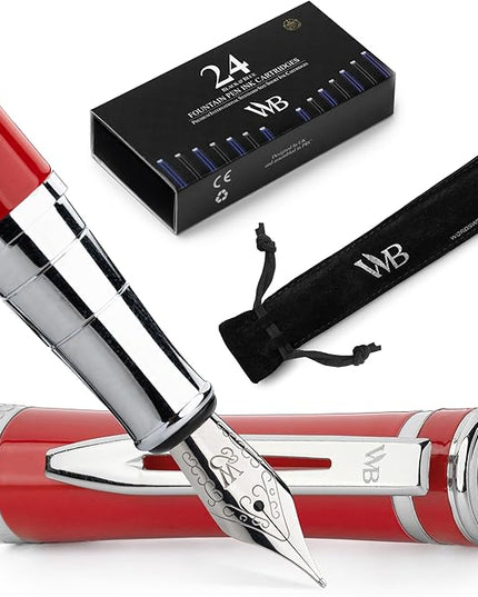 Wordsworth & Black Fountain Pen Set, Medium Nib, Includes 24 Pack Ink Cartridges, Ink Refill Converter & Gift Pouch, Chrome Finish, Calligraphy, [Crimson Red], Perfect for Men & Women