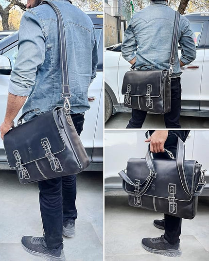 RUSTIC TOWN 16" Leather Laptop Messenger Bag for Men - Full Grain Leather Briefcase Computer Satchel Office Crossbody Bag