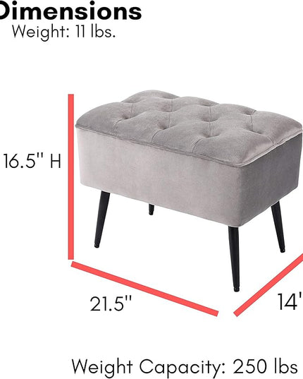 BIRDROCK HOME Tufted Rectangle Grey Ottoman – Velvet Foot Stool – Mid Century Modern Steel Legs - Soft Compact Padded Stool - Living Room or Bedroom – Vanity Chair - Decorative Furniture