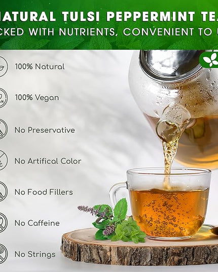 FreshDrinkUS, Premium Tulsi Peppermint Herbal Tea – 75 Tea Bags, 100% Natural, Blend of Tulsi Holy Basil Leaves, and Peppermint Leaves. Made with Natural Material Tea Bags. No Sugar, Vegan.