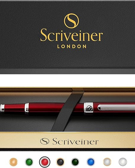 Scriveiner Deep Crimson Red Fountain Pen - Stunning Luxury Pen with Chrome Finish, Schmidt Nib (Fine), Best Pen Gift Set for Men & Women, Professional, Executive, Office, Nice Pens