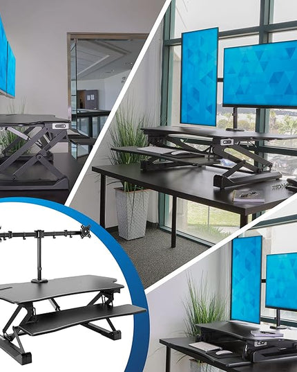 Mount-It! Electric Standing Desk Converter with Dual Monitor Arm, Stand Up Desk Riser X-Large 47.2" Wide, Electric Desk Riser with Mount for 2 Screens (Max 32"), Desktop with Keyboard Tray, USB, Black