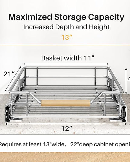 Pull out Cabinet Organizer, 12"W X 21"D, Heavy Duty Smooth Sliding Under Cabinet Shelves for Pots and Pans, Full-Extension Roll out Drawers, Slide out Organization for Home Kitchen Pantry