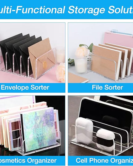 Acrylic Mail Organizer File Holder for Desk, 5 Compartments Clear Desk Organizer Desktop Vertical Letter Sorter for Envelopes, Bill, Document, Notebook,Countertop Folder for Office, Home & School,1 PC