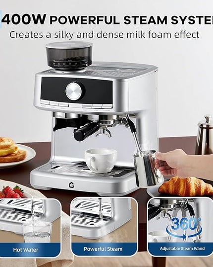 20 Bar Espresso Machine with Built-in Grinder, Stainless Steel Coffee Maker with Milk Frother Steam Wand, 1.5L Removable Water Tank, Adjustable Shot Volume for Home & Office