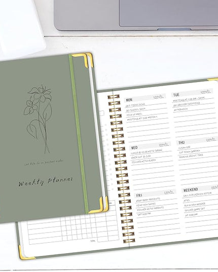 Undated Weekly Planner with Metal Corner Hardcover Notebook , A5 Size Journal with To Do List Planner, Habit Tracker,Weekly Goals for ADHD,Student, Office, Women, Men ,Gifts,6 x 8 inches，Spiral Bindding ,Green