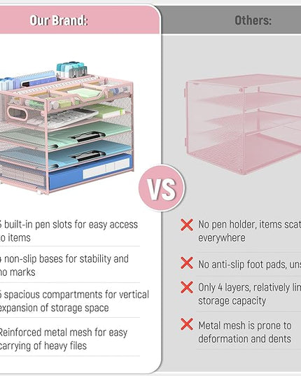 Docnest 5 Tier Mesh Desk Organizer- Letter Tray with Adjustable Compartments, Mesh Desktop Storage Built in Pen Holder and Handles, Desk Organizer Tray for Mail Documents Office Supplies–Pink