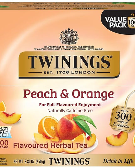 Twinings Peach & Orange Herbal Tea Individually Wrapped Bags, 100 Count (Pack of 1), Juicy & Fruity, Naturally Caffeine-Free, Enjoy Hot or Iced, 100 Teabags