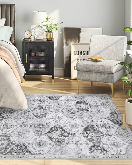 Lahome Moroccan Trellis Washable Small Area Rug, 3x5 Area Rug for Bedroom Living Room, Non-Slip Oriental Accent Throw Carpet for Kitchen Office Entryway Bathroom Office, Silver/Grey