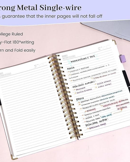 FLYING EAGLE Leather Spiral Notebooks for Work 5 Subject Notebook College Ruled with Dividers Pen, 360 Pages B5 Hardcover Lined Journals for Women Men Writing,Purple