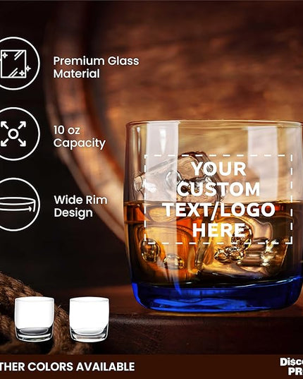 DISCOUNT PROMOS Custom Whiskey Glasses 10 oz Set of 10/50/100, Personalized Bulk Pack - Heavy Base Old Fashioned Glass, Perfect for Scotch, Bourbon, Whiskey, Cocktail - Blue Bottom Color