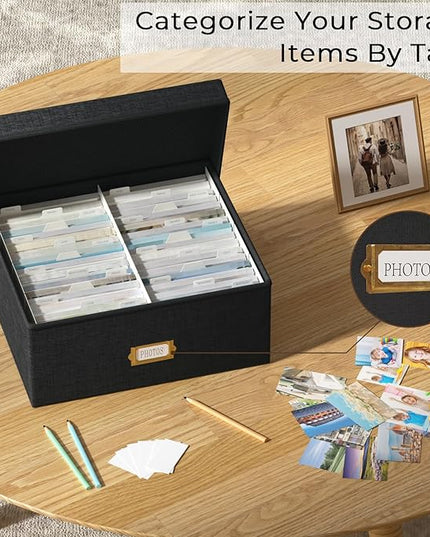 Decorative Photo Storage Box - Linen Photo Box Organizer with Dividers, Fits Holds Up to 1700 Pictures and 4x6 Photos, Memory Keepsake Organizer for Photos, Scrapbook Supplies, Cards, Stamps (Black)