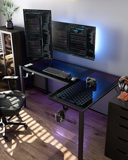 EUREKA ERGONOMIC RGB LED Lights 60 Inch L Shaped Reversible Black Glass Gaming Desk Home Office Computer Table GTG L60