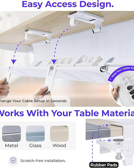 Ascrono Original No Drill Under Desk Cable Management Tray 40.6" - Premium White Fabric Cable Management Under Desk - Clamp/Screw Mount Cord Organizer - Supports Upto 66lbs - Large