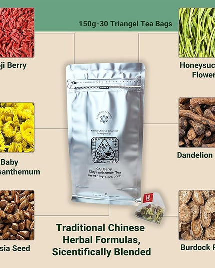ADMIRINGAZELAND Goji Berry Chrysanthemum Tea Bags, 30 Count - Pyramid Teabags, 6 Ingredients - Dandelion Root, Wolfberry, Cassia Seed, Honeysuckle, Burdock - Chinese Herbal for Office & Home, 5.3 oz