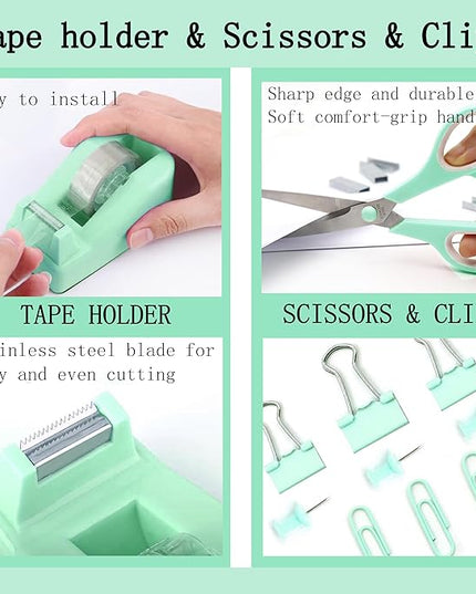 Green Office Desk Accessories Supplies, 12pcs Desk Organizers and Accessories with Tape dispenser and Stapler,Staples,Staple Remover,Pen Holder,Scissor,Ruler,Sticky Tabs,Tape,Ballpoint Pen,Clips Set