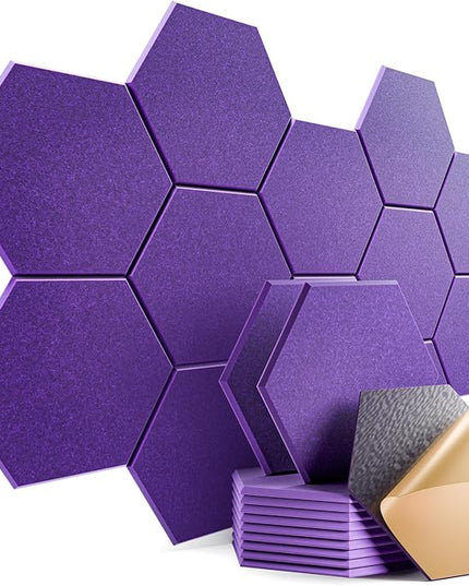 12 Pack Self-Adhesive Acoustic Panels 12" X 10" X 0.4" - Sound Proof Foam Panels with High Density, Hexagonal Design, Flame Resistant, Absorb Noise and Eliminate Echoes(Purple)