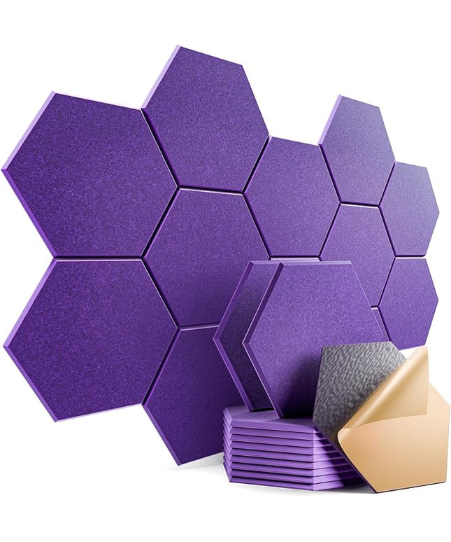 12 Pack Self-Adhesive Acoustic Panels 12" X 10" X 0.4" - Sound Proof Foam Panels with High Density, Hexagonal Design, Flame Resistant, Absorb Noise and Eliminate Echoes(Purple)