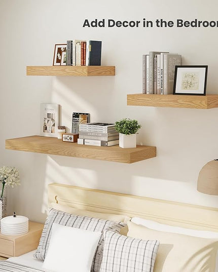 Heimlove 24 x 12 Inch Deep Floating Shelves Wall Mounted with Invisible Brackets,Storage Hanging Shelf for Wall Decor in Bathroom, Bedroom, Toilet, Kitchen, Living Room, Office Set of 2 (Oak)