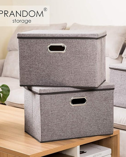 PRANDOM Large Collapsible Storage Containers with Lids [5-Pack] Linen Fabric Foldable Storage Bins Boxes Organizer Baskets Cube with Cover for Home Bedroom Closet Office Nursery (17.7x11.8x11.8)