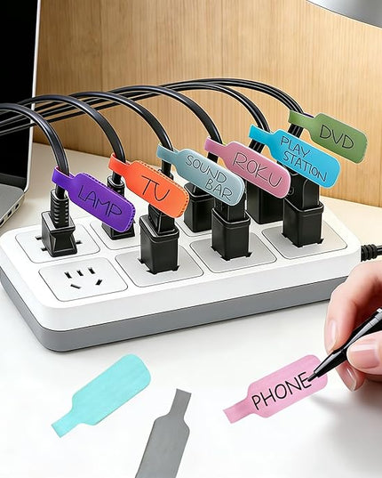 Large Size Cable Labels (35 PCS) - Leather Texture Cord Tags for Wire Organizing & Identification, Comes with 1 Dual-Tip Marker (Thick/Thin), Reusable & No Sticky Residue for Electronics/Home Theater