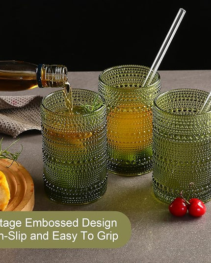 Vintage Glassware Drinking Glasses Set of 6,15 oz Hobnail Glass Cups,Embossed Green Water Tumbler,for Beer,Cocktail,Whiskey,Juice and Various Mixed Drinks- 1 Cleaning Brush