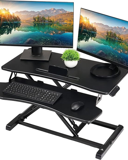 TechOrbits Standing Desk Converter-32-inch Height Adjustable, MDF Wood, Sit Riser-Black, 32"