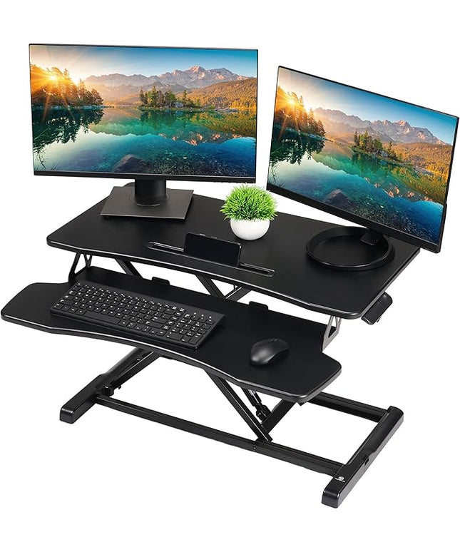 TechOrbits Standing Desk Converter-32-inch Height Adjustable, MDF Wood, Sit Riser-Black, 32"