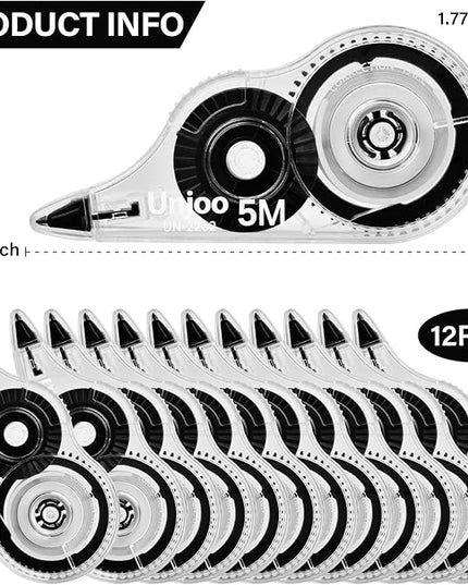 Unjoo White Correction Tape, Easy To Use Applicator for Instant Corrections Wrong Writing At Any Time, For school, Office (12pack, 5M/196" x 0.2", Black)